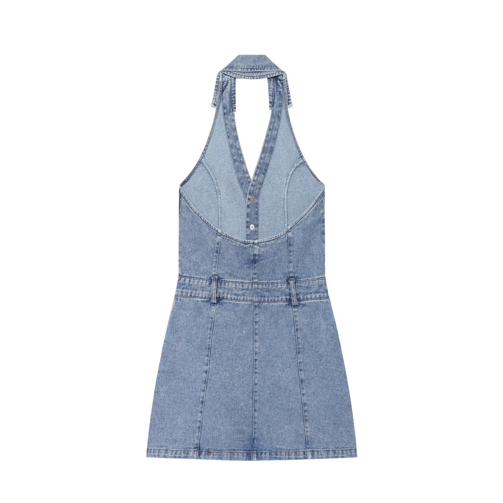 French Women Clothing Fashionable All Match Flip Halter Mini Dress Howe