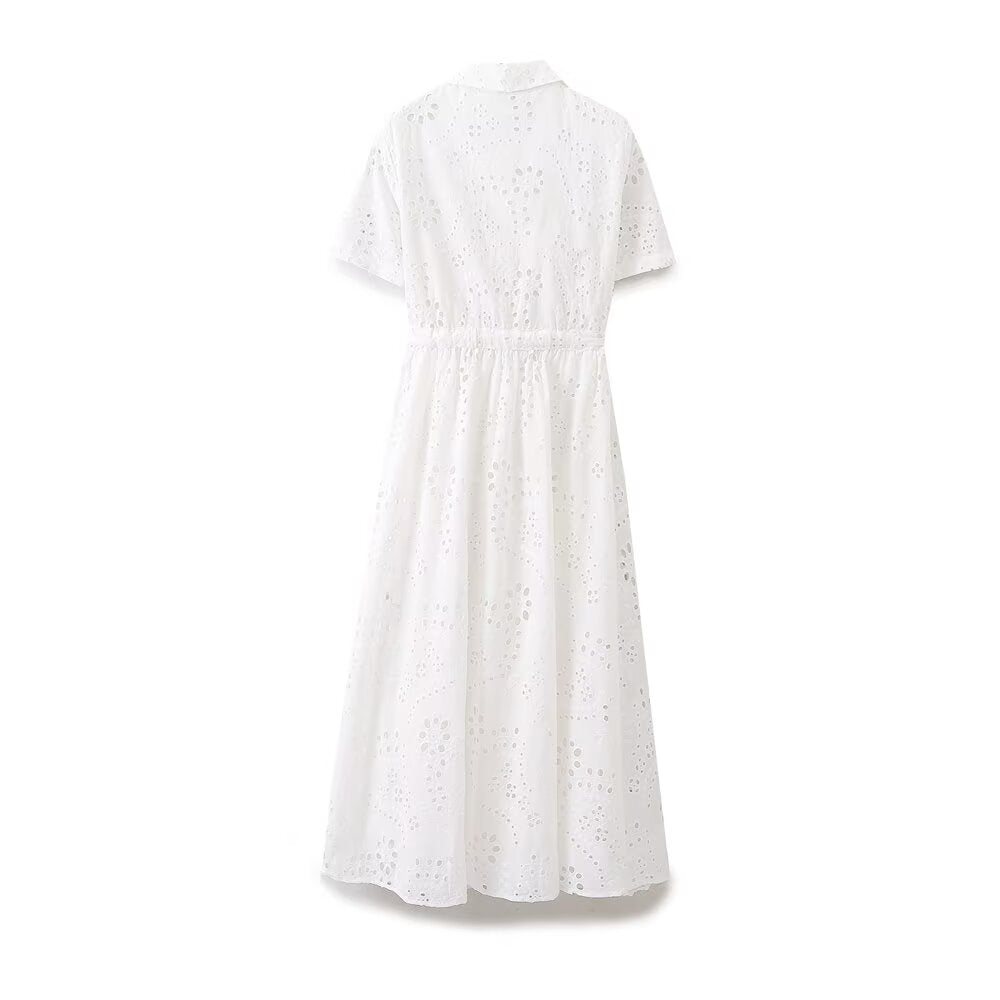 Women Clothing Sweet Cutout Machine Embroidery Collared Tied Shirt Dress Howe