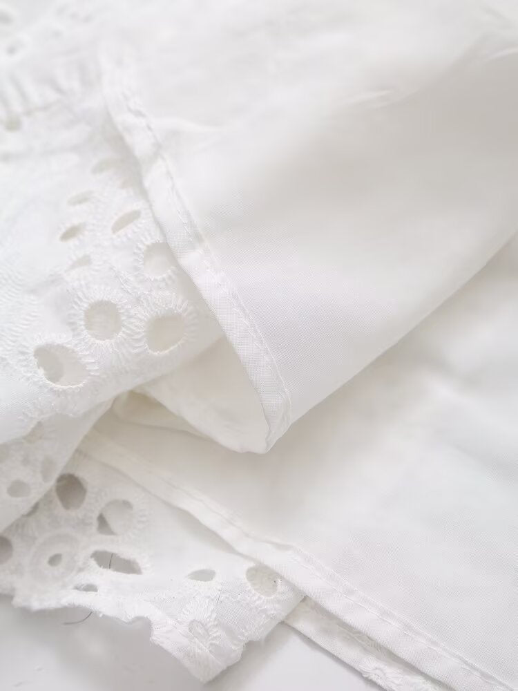 Women Clothing Sweet Cutout Machine Embroidery Collared Tied Shirt Dress Howe