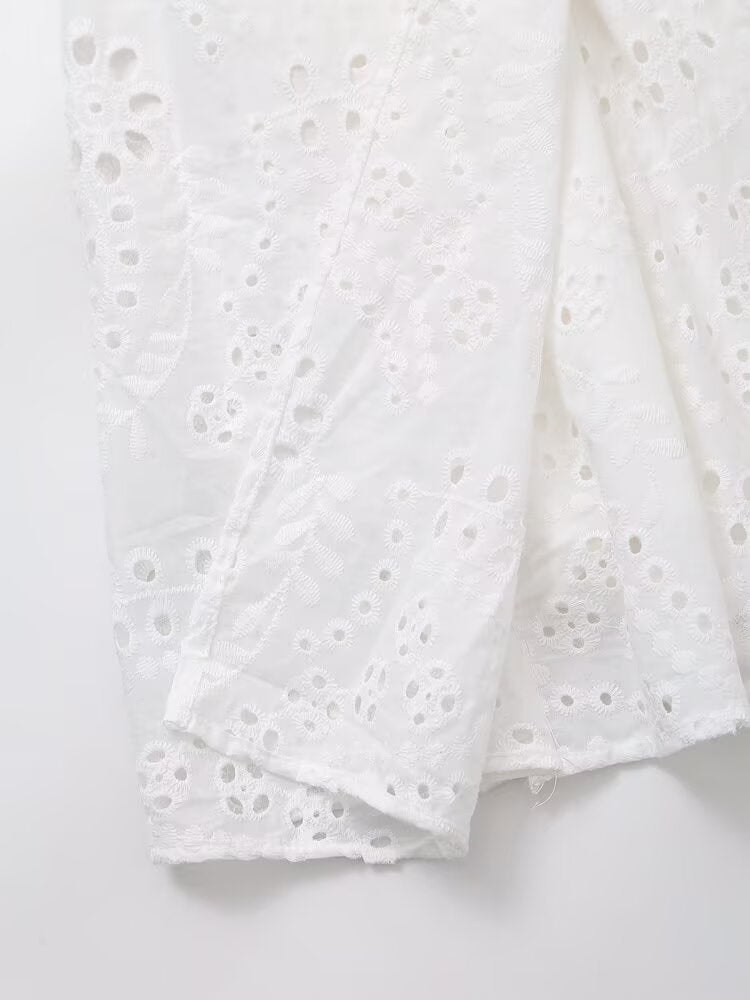 Women Clothing Sweet Cutout Machine Embroidery Collared Tied Shirt Dress Howe