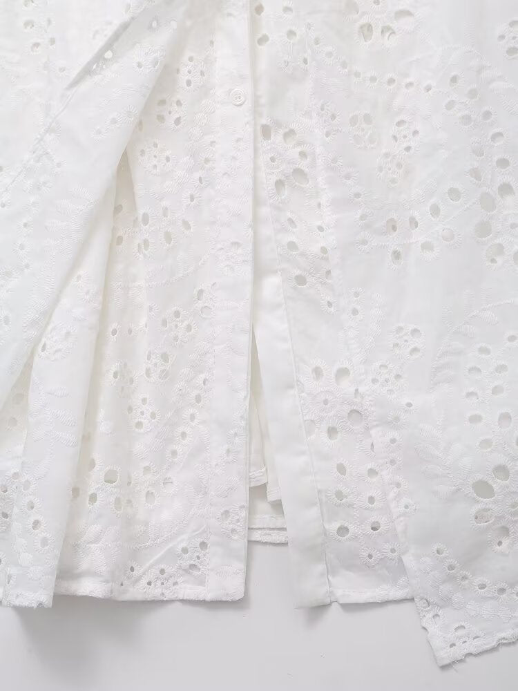 Women Clothing Sweet Cutout Machine Embroidery Collared Tied Shirt Dress Howe