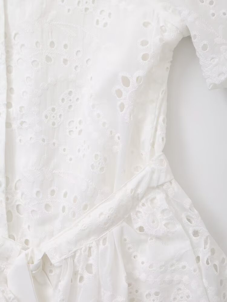 Women Clothing Sweet Cutout Machine Embroidery Collared Tied Shirt Dress Howe