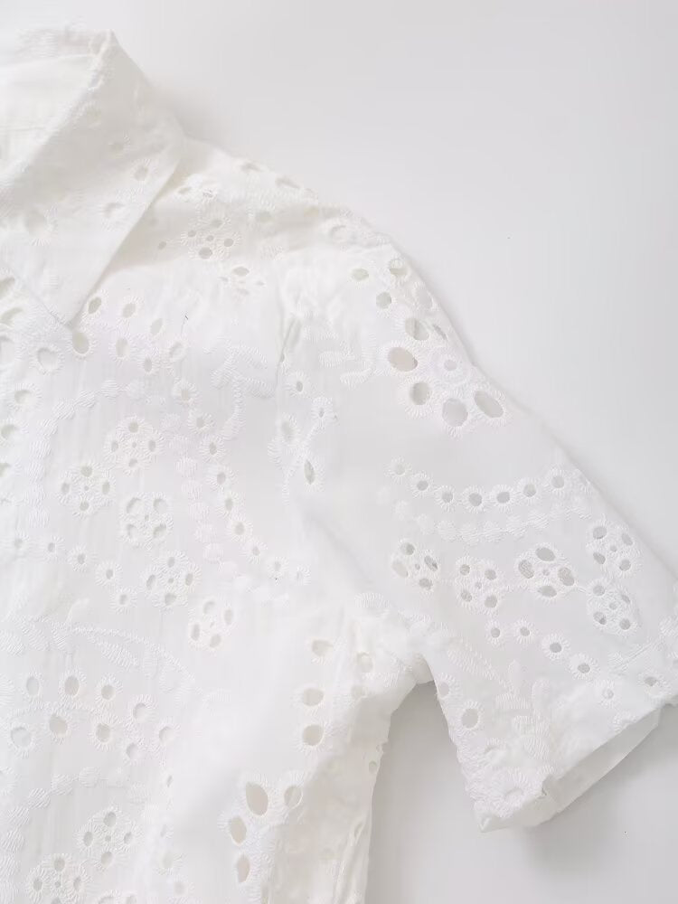 Women Clothing Sweet Cutout Machine Embroidery Collared Tied Shirt Dress Howe
