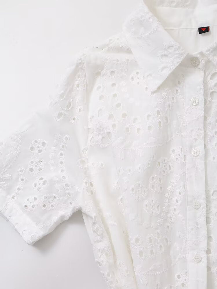 Women Clothing Sweet Cutout Machine Embroidery Collared Tied Shirt Dress Howe