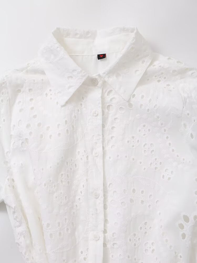 Women Clothing Sweet Cutout Machine Embroidery Collared Tied Shirt Dress Howe
