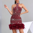 Step in Cocktail Evening Dress Scarf Sexy Beaded Sleeveless Tube Top Feather Hip Dress Coya