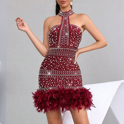 Step in Cocktail Evening Dress Scarf Sexy Beaded Sleeveless Tube Top Feather Hip Dress Coya