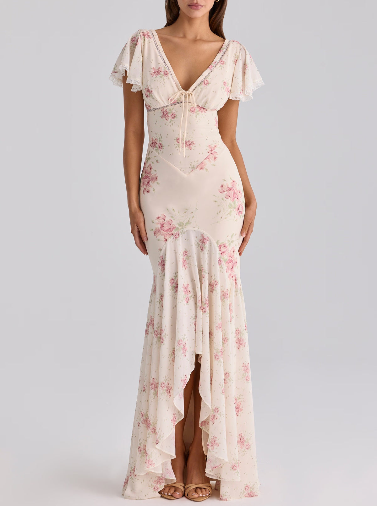 Women Clothing French Elegant Floral Irregular Asymmetric Cinched Slimming Fishtail Sheath Maxi Dress TinkleBell