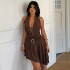 Party Short Sexy Swing Collar Halter Backless Beaded Japanese Buckle Waist Tight Irregular Asymmetric Dress Nightclub Sexy LingSharp