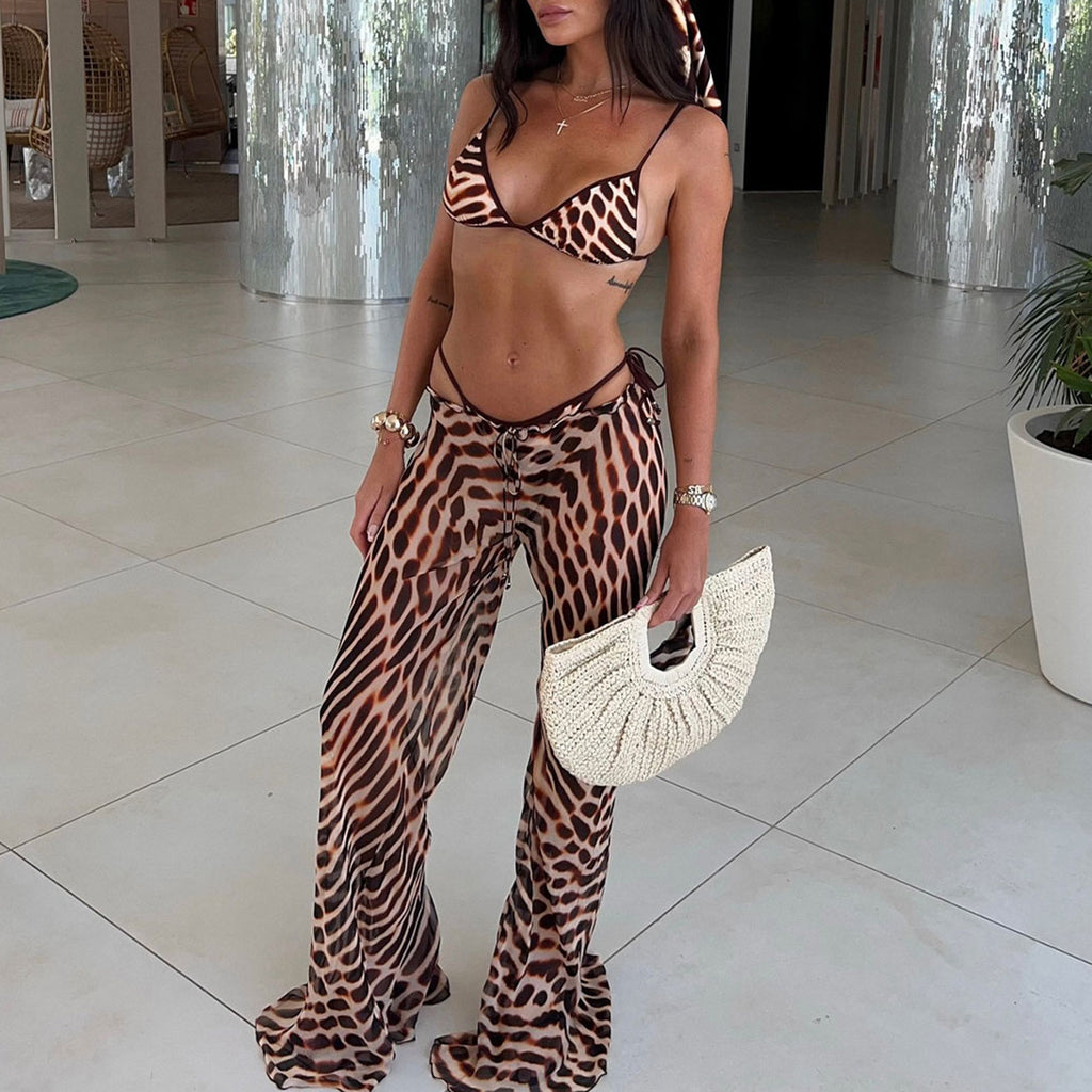 Women Three Point Bikini Mesh Trousers Leopard Print Printed Sexy Backless Split Swimsuit Thunder
