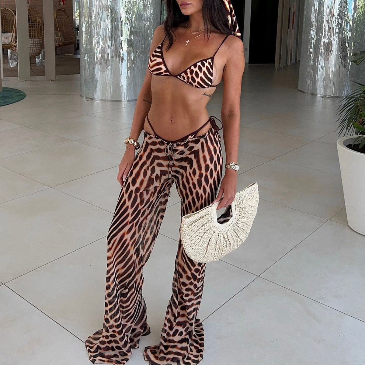 Women Three Point Bikini Mesh Trousers Leopard Print Printed Sexy Backless Split Swimsuit Thunder