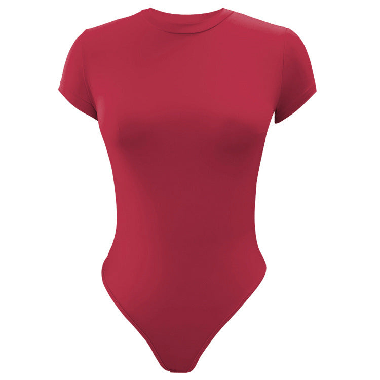 Body ajustado de color liso para mujer, ropa básica informal de manga corta con cuello redondo, para verano