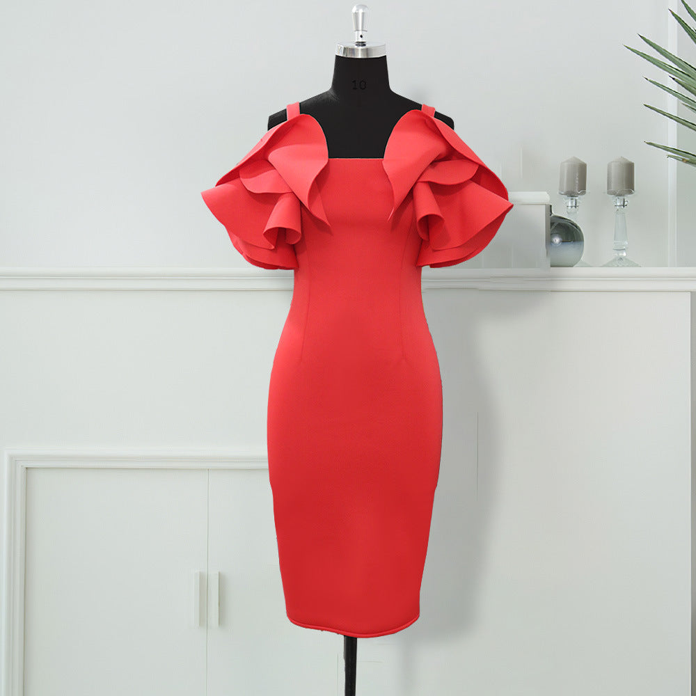 Sexy Spaghetti-Strap Ruffle Elegant Slim High Waist Slimming Sheath plus Size Dress Women Dress