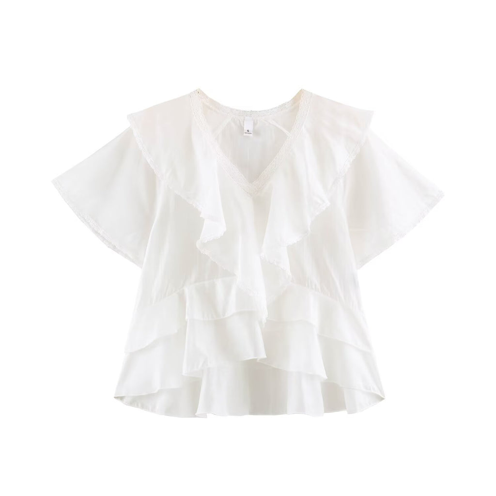 Women Clothing Summer Lace V neck Patchwork Ruffled French White Shirt LongZest