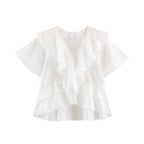 Women Clothing Summer Lace V neck Patchwork Ruffled French White Shirt LongZest