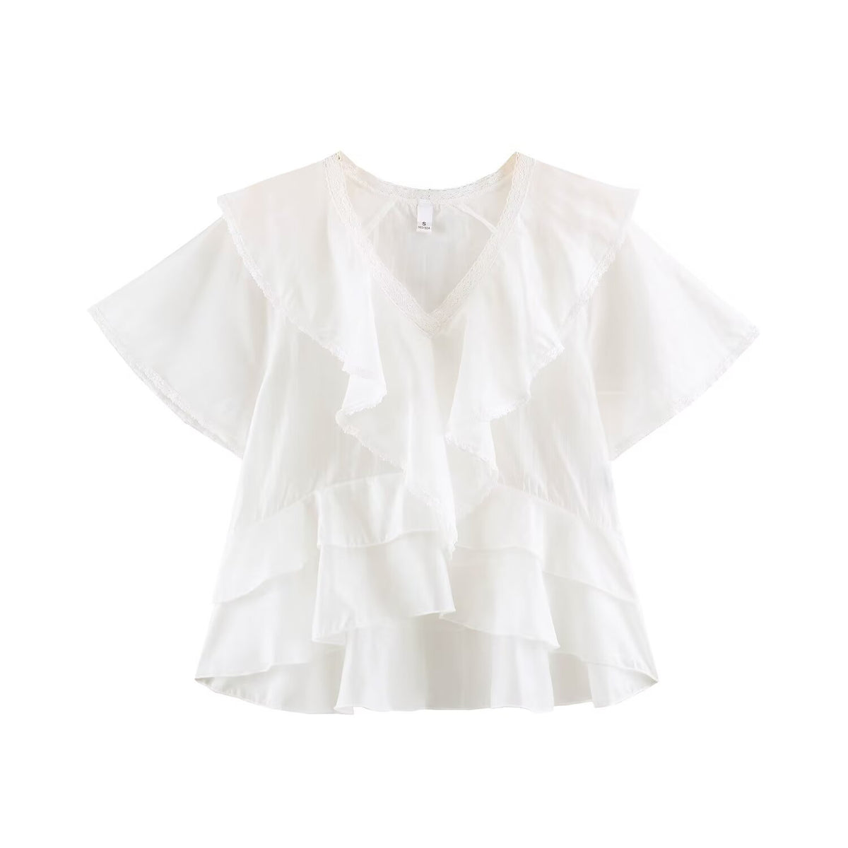 Women Clothing Summer Lace V neck Patchwork Ruffled French White Shirt LongZest