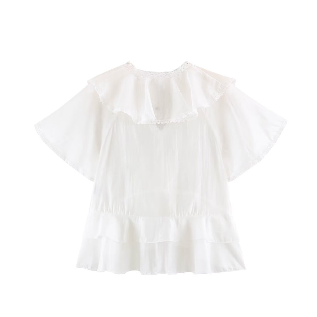 Women Clothing Summer Lace V neck Patchwork Ruffled French White Shirt LongZest