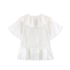 Women Clothing Summer Lace V neck Patchwork Ruffled French White Shirt LongZest