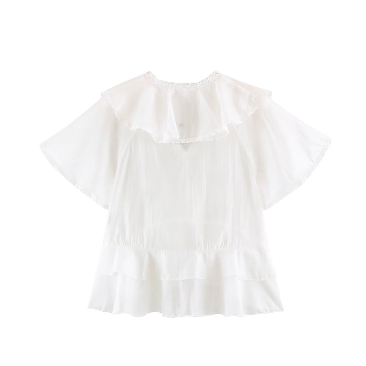 Women Clothing Summer Lace V neck Patchwork Ruffled French White Shirt LongZest