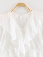 Women Clothing Summer Lace V neck Patchwork Ruffled French White Shirt LongZest