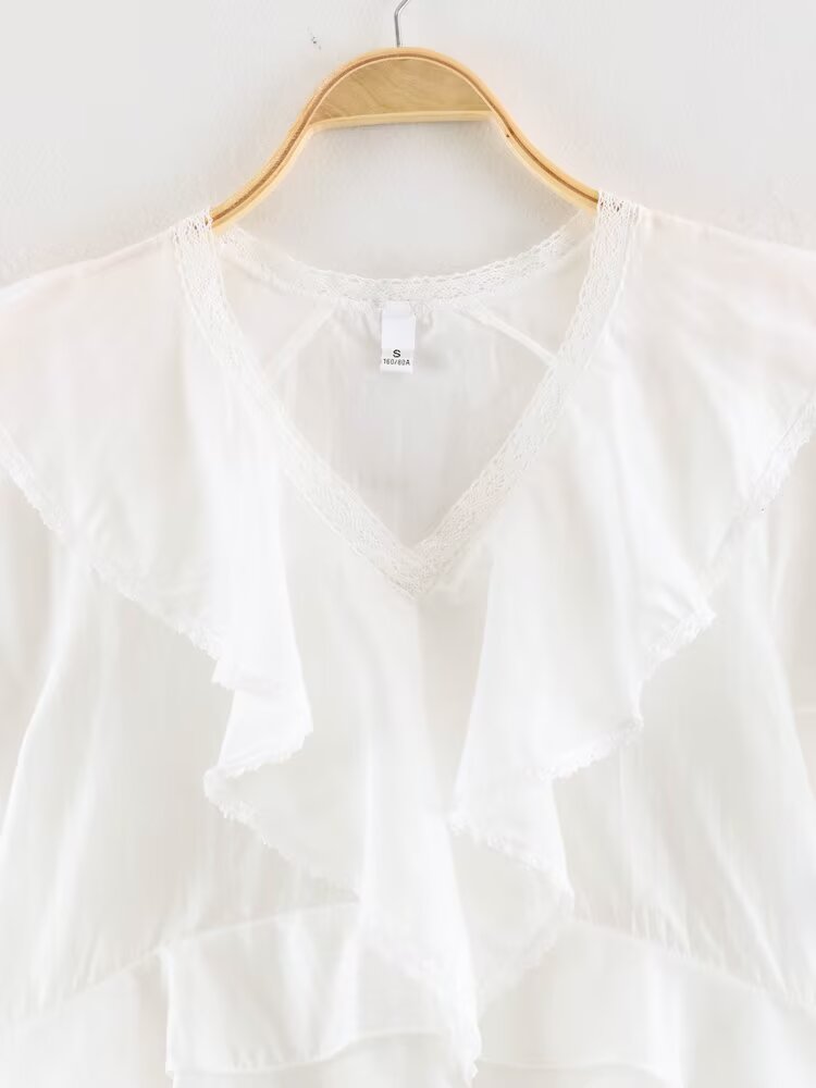 Women Clothing Summer Lace V neck Patchwork Ruffled French White Shirt LongZest
