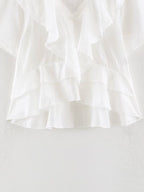 Women Clothing Summer Lace V neck Patchwork Ruffled French White Shirt LongZest