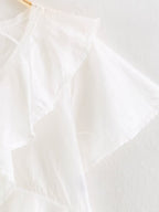 Women Clothing Summer Lace V neck Patchwork Ruffled French White Shirt LongZest