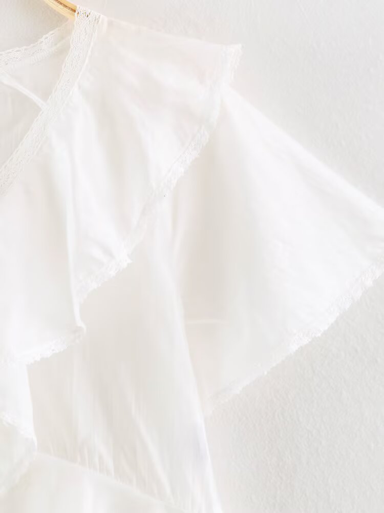 Women Clothing Summer Lace V neck Patchwork Ruffled French White Shirt LongZest