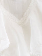 Women Clothing Summer Lace V neck Patchwork Ruffled French White Shirt LongZest