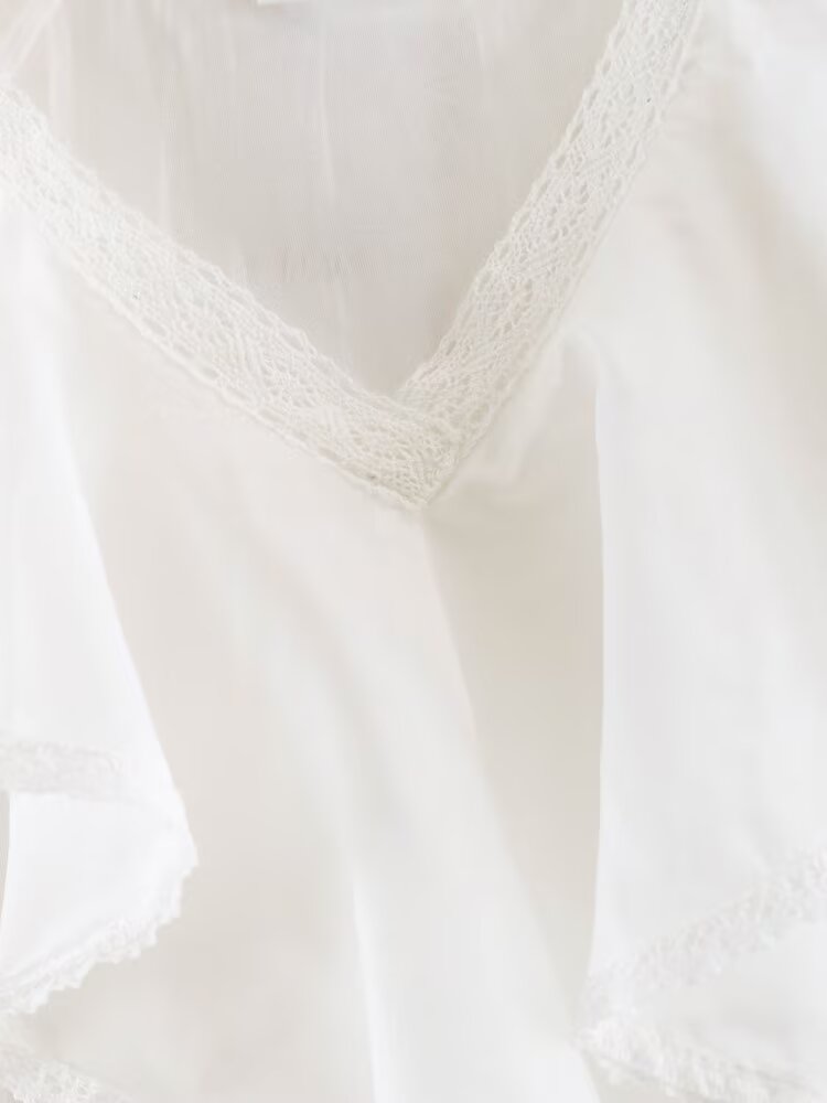 Women Clothing Summer Lace V neck Patchwork Ruffled French White Shirt LongZest