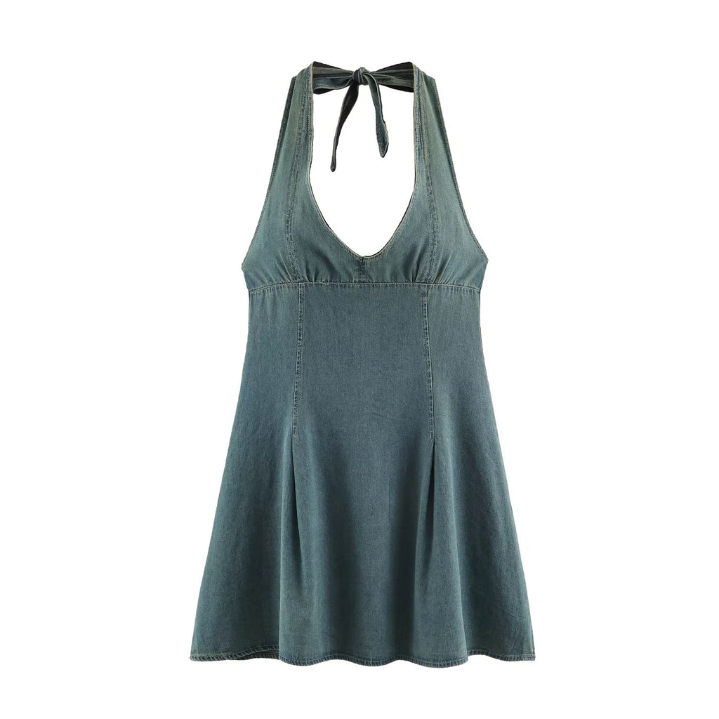 Women Clothing Summer Backless Hanging Collar V neck Bow Decorative Denim Dress LongZest
