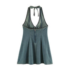 Women Clothing Summer Backless Hanging Collar V neck Bow Decorative Denim Dress LongZest