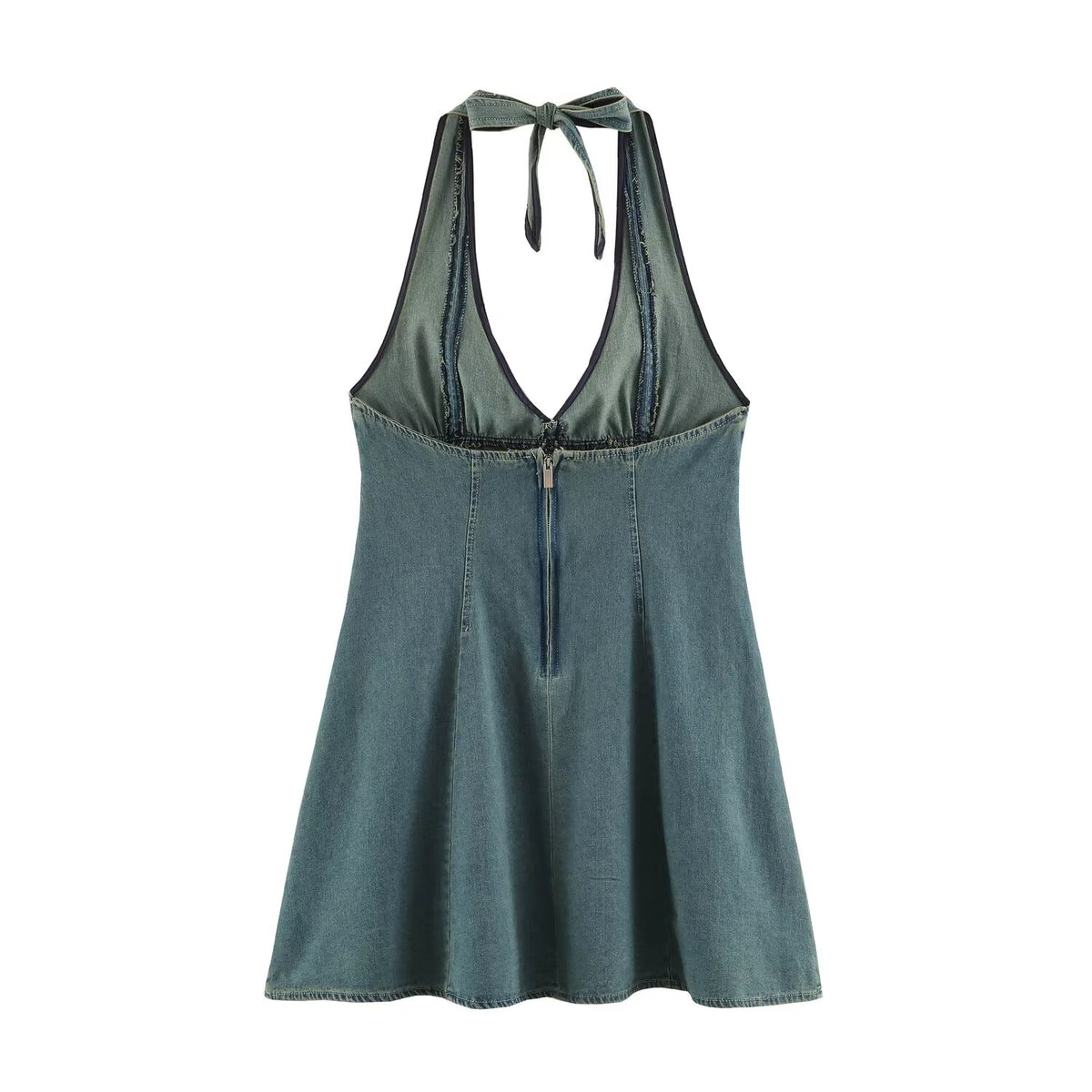 Women Clothing Summer Backless Hanging Collar V neck Bow Decorative Denim Dress LongZest