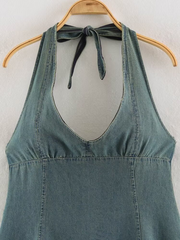 Women Clothing Summer Backless Hanging Collar V neck Bow Decorative Denim Dress LongZest