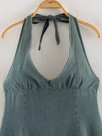 Women Clothing Summer Backless Hanging Collar V neck Bow Decorative Denim Dress LongZest