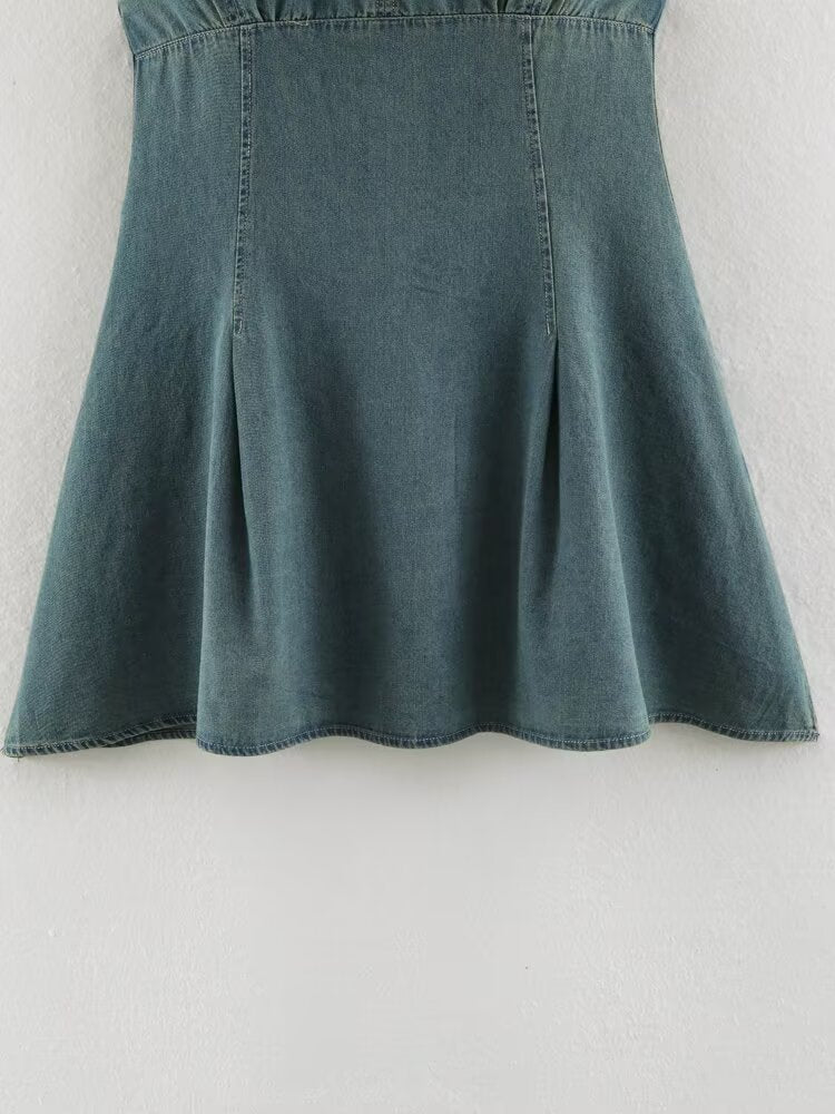 Women Clothing Summer Backless Hanging Collar V neck Bow Decorative Denim Dress LongZest