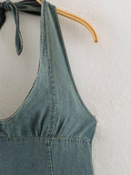 Women Clothing Summer Backless Hanging Collar V neck Bow Decorative Denim Dress LongZest