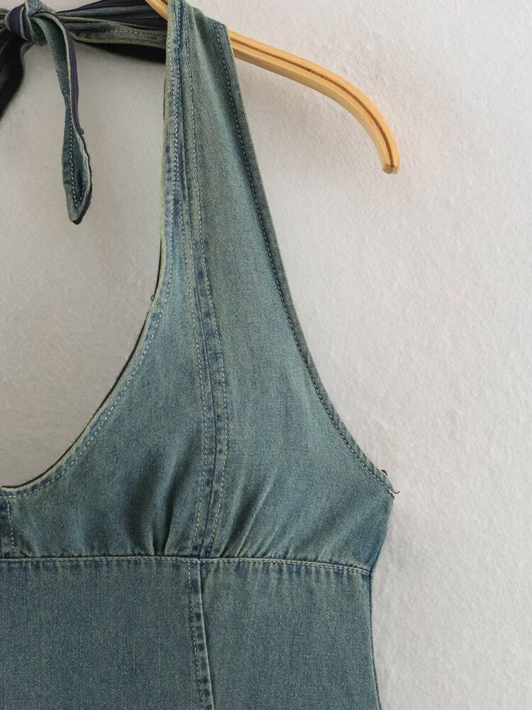 Women Clothing Summer Backless Hanging Collar V neck Bow Decorative Denim Dress LongZest