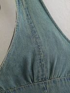 Women Clothing Summer Backless Hanging Collar V neck Bow Decorative Denim Dress LongZest