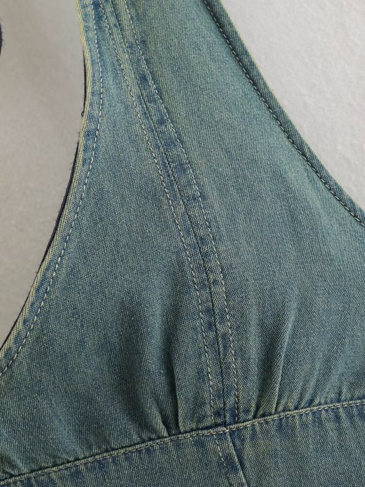 Women Clothing Summer Backless Hanging Collar V neck Bow Decorative Denim Dress LongZest