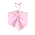 Women Clothing Summer off Shoulder Silk Satin Texture Hanging Collar Strap Short Top Goyo
