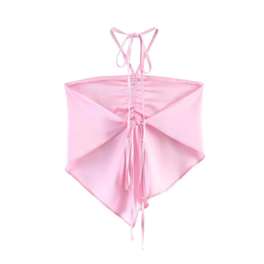 Women Clothing Summer off Shoulder Silk Satin Texture Hanging Collar Strap Short Top Goyo
