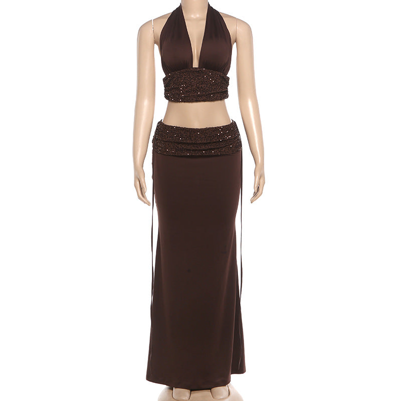 Summer Sexy Deep V Plunge Halter Lace up Top Sequined Low Waist Skirt Set YIMAIL