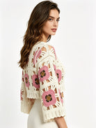 Women Summer Openwork Crochet Floral Color Block Short Knit Cardigan Top Reddy