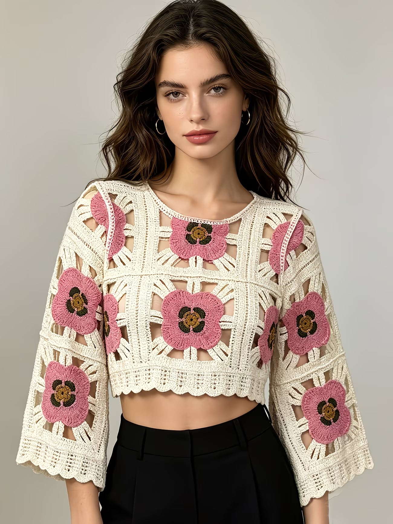 Women Summer Openwork Crochet Floral Color Block Short Knit Cardigan Top Reddy