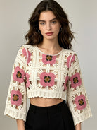 Women Summer Openwork Crochet Floral Color Block Short Knit Cardigan Top Reddy