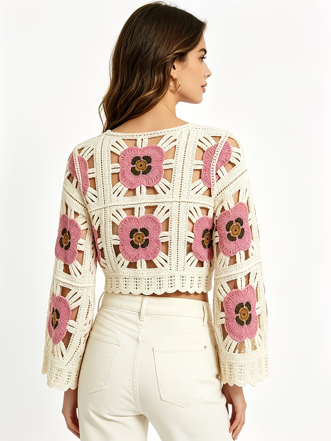 Women Summer Openwork Crochet Floral Color Block Short Knit Cardigan Top Reddy