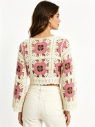 Women Summer Openwork Crochet Floral Color Block Short Knit Cardigan Top Reddy