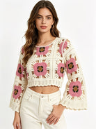 Women Summer Openwork Crochet Floral Color Block Short Knit Cardigan Top Reddy