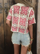 Women Summer Hook Patterned Open Cardigan With Perforated Design Short Sleeves Featuring Colorful Patchwork Sun Protection Reddy